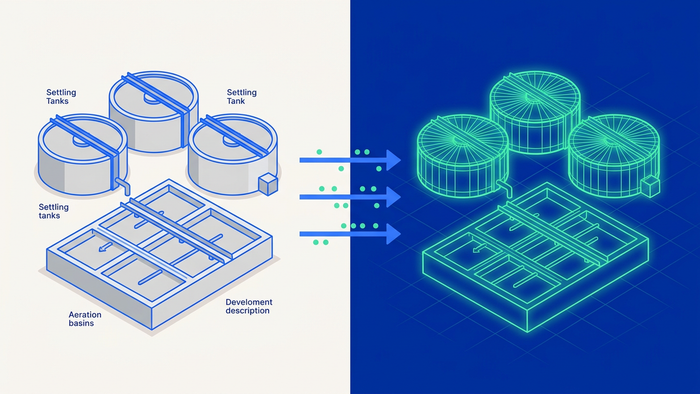 Split-screen flat illustration showing a physical wastewater plant on the left mirrored by a glowing digital wireframe twin on the right with data streams connecting them