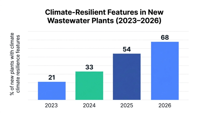Bar chart showing climate-resilient features in new wastewater plants (2023–2026) — data visualization for % of new plants with climate resilience features
