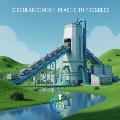 A cement plant processing plastic waste into sustainable materials, showcasing innovation and environmental responsibility.