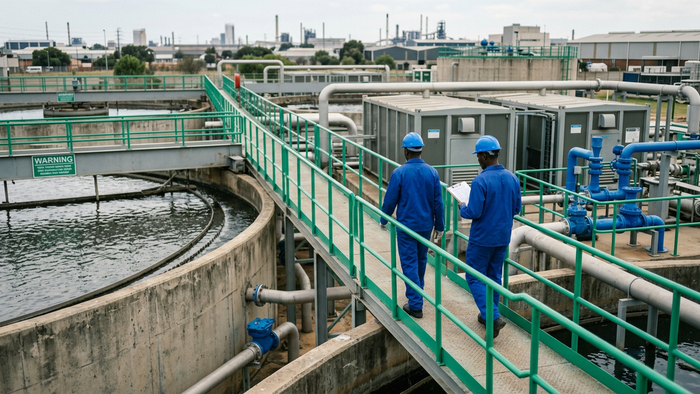 Editorial photograph of an industrial wastewater treatment plant with tanks and piping, technicians in blue safety gear inspecting equipment