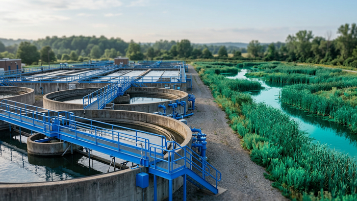 Wide editorial shot of an outdoor wastewater treatment facility showing mechanical tanks, aeration equipment, and adjacent constructed wetlands with natural vegetation