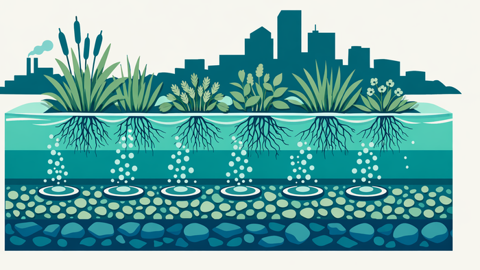 Flat illustration of an aerated constructed wetland system showing gravel beds, wetland plants, aeration diffusers, and an urban backdrop in teal and blue brand colors