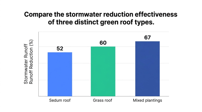 Compare the stormwater reduction effectiveness of three distinct green roof types.