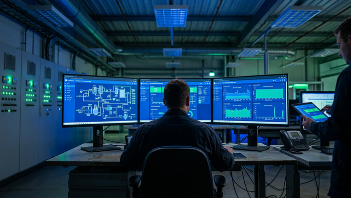 Two operators in an industrial control room viewed from behind, monitoring large screens displaying water treatment process data and charts