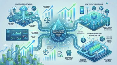 Infographic illustrating water management trends for 2023 with digital tech and IoT symbols, filtration systems, suggesting growth and sustainability.