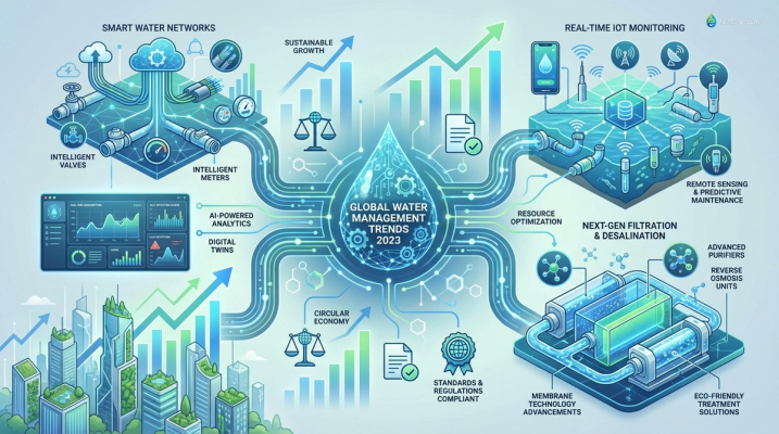 Infographic illustrating water management trends for 2023 with digital tech and IoT symbols, filtration systems, suggesting growth and sustainability.
