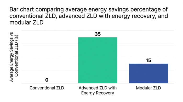 Bar chart showing bar chart comparing average energy savings percentage of conventional zld, advanced zld with energy recovery, and modular zld — data visualization for average energy savings vs conventional zld (%)
