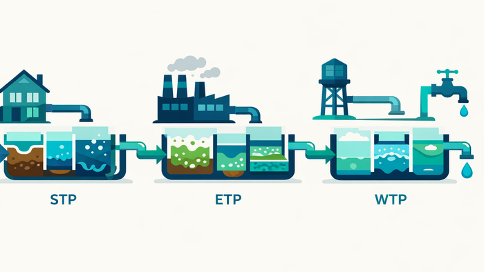 Flat illustration comparing STP, ETP, and WTP treatment plant systems for municipal, industrial, and potable water applications