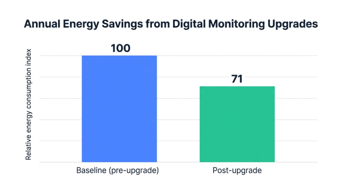 Bar chart showing annual energy savings from digital monitoring upgrades — data visualization for relative energy consumption index