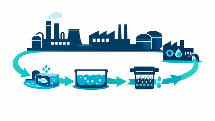 Flat illustration of a closed-loop industrial water reuse cycle showing treatment and recycling stages