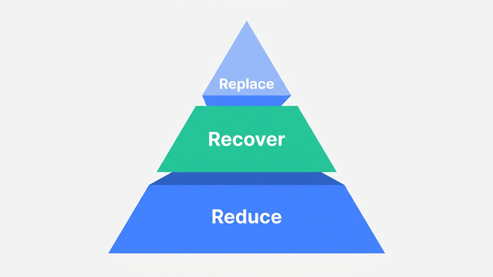 Three-layer pyramid illustration showing the Reduce, Recover, Replace framework for achieving net-zero energy in industrial water treatment plants