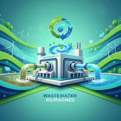 Illustration depicting wastewater recycling technologies with elements of sustainability, featuring water treatment plant and flowing water.