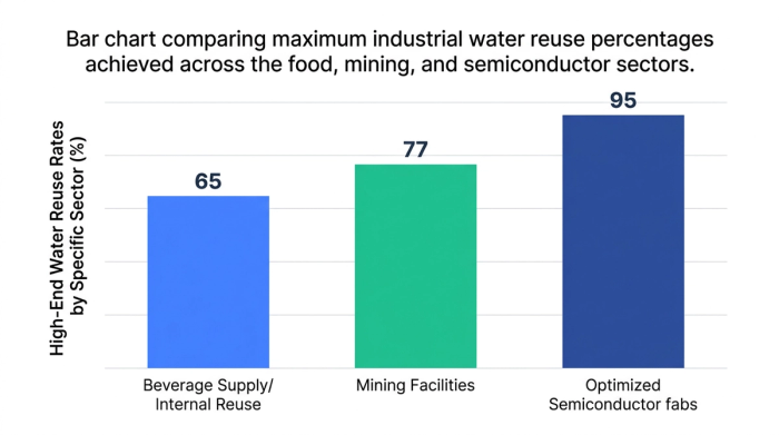 Bar chart showing bar chart comparing maximum industrial water reuse percentages achieved across the food, mining, and semiconductor sectors. — data visualization for high-end water reuse rates by specific sector (%)