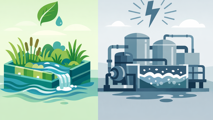 Flat illustration contrasting an aerated constructed wetland with a conventional activated sludge wastewater treatment plant, highlighting energy and ecological differences