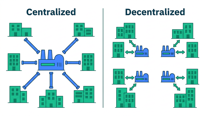 Two-panel flat illustration comparing centralized water treatment layout (one large plant) with decentralized layout (multiple smaller plants serving local buildings)