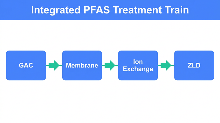 Horizontal process illustration showing an integrated PFAS treatment train with GAC, Membrane, Ion Exchange, and ZLD blocks