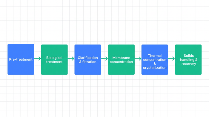 Six-stage ZLD process flow diagram from pre-treatment through to solids handling and resource recovery