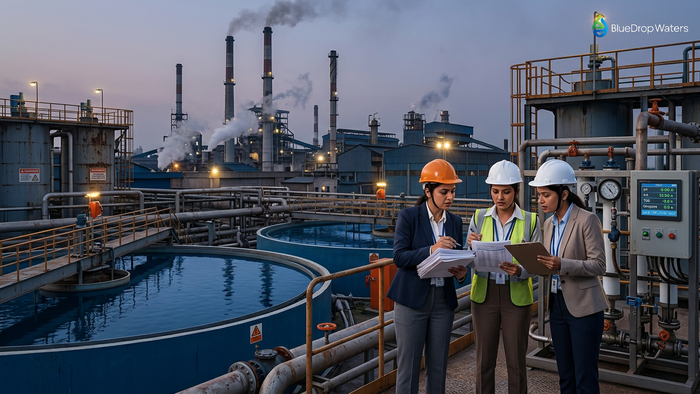 Indian SME industrial facility managers reviewing wastewater treatment compliance documents and water quality reports near effluent treatment infrastructure, illustrating regulatory challenges