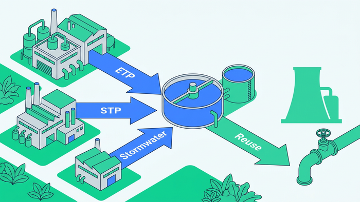 Flat isometric illustration of an industrial facility with ETP, STP, and stormwater streams feeding into a central treatment and reuse hub