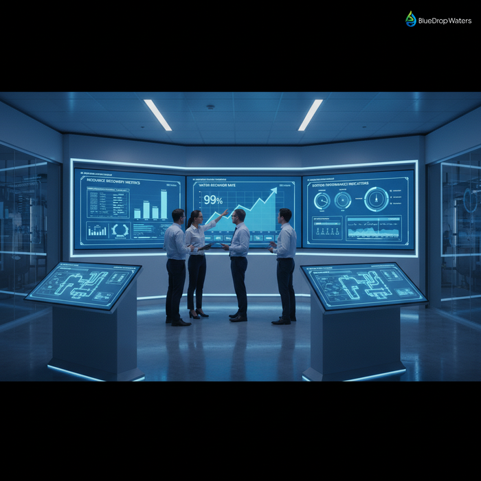 Modern industrial control room with engineers analyzing real-time ZLD system data on large monitors displaying water recovery rates and performance metrics