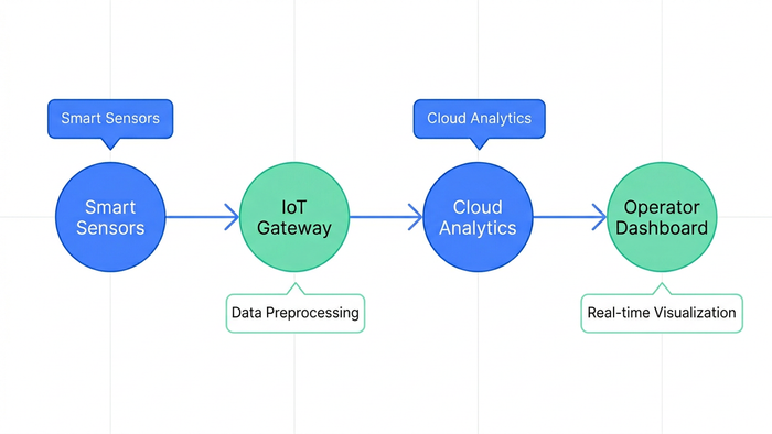 Labeled schematic showing the four-component IoT water management architecture: Smart Sensors, IoT Gateway, Cloud Analytics, and Operator Dashboard connected left to right