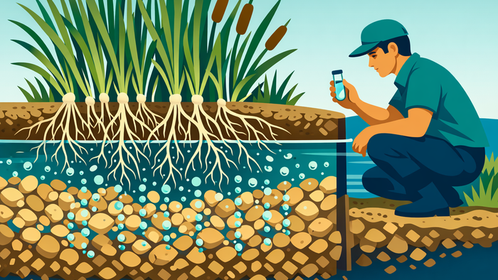 Flat illustration of the interior of an aerated constructed wetland showing plant root systems in gravel media, rising aeration bubbles, and a technician collecting a water sample