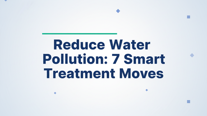 The blog title 'Reduce Water Pollution: 7 Smart Treatment Moves' as the dominant typographic element on a premium light-themed background with subtle geometric shapes and accent rule.