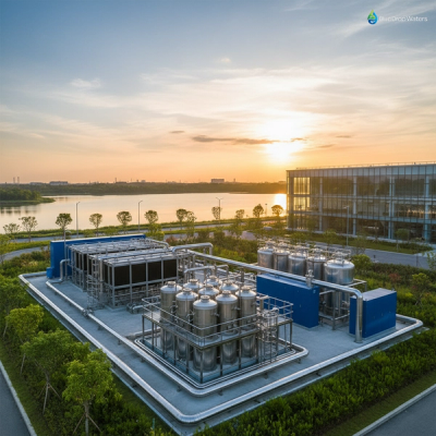 Modern industrial water treatment facility with Zero Liquid Discharge technology showcasing sustainable infrastructure and environmental protection