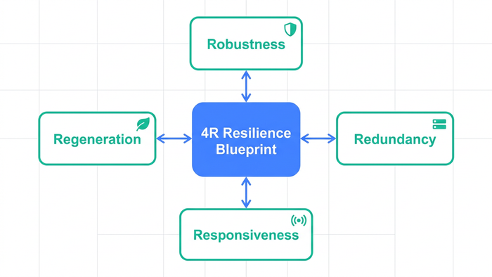 4R Resilience Blueprint diagram showing Robustness, Redundancy, Responsiveness, and Regeneration as interconnected pillars of climate-resilient wastewater design
