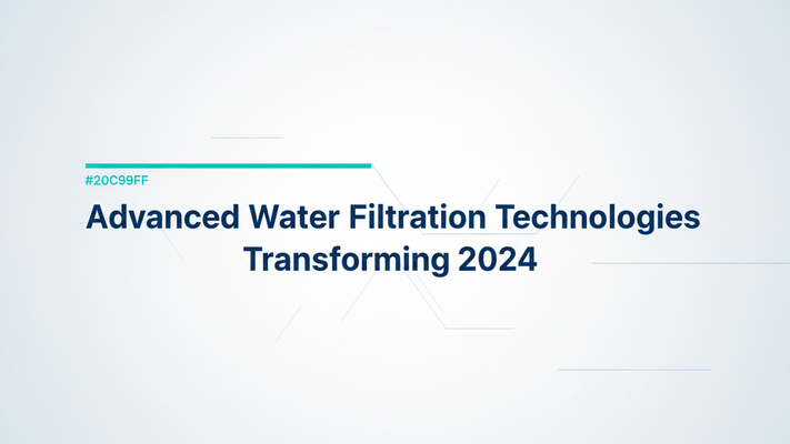 The title 'Advanced Water Filtration Technologies Transforming 2024' as the dominant typographic element, heavy-weight sans-serif, centered on a pale blue-gray gradient background with subtle geometric shapes and a thin accent rule above.