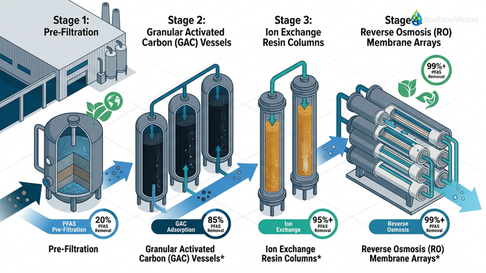 Technical diagram showing multi-stage PFAS water treatment system with pre-filtration, GAC, ion exchange, and reverse osmosis components with blue water flow indicators