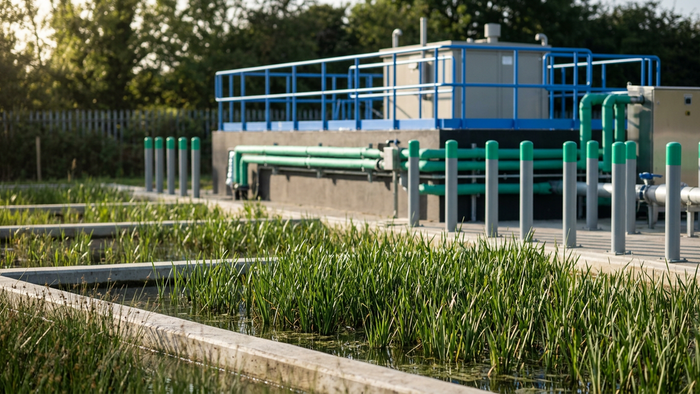 Outdoor constructed wetland cells in the foreground with industrial water treatment structures and piping visible in the background
