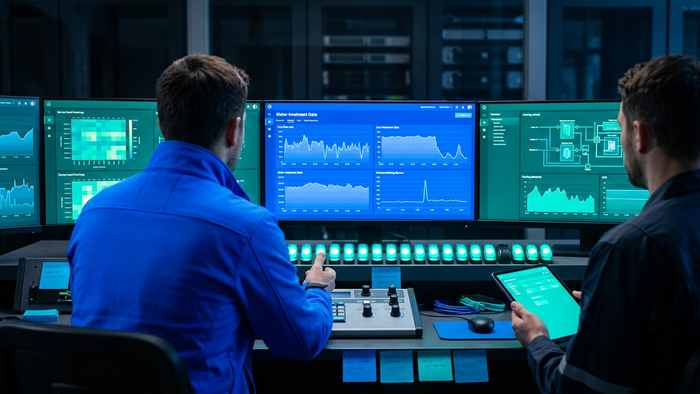 Engineers in a control room monitoring water treatment and data center cooling dashboards