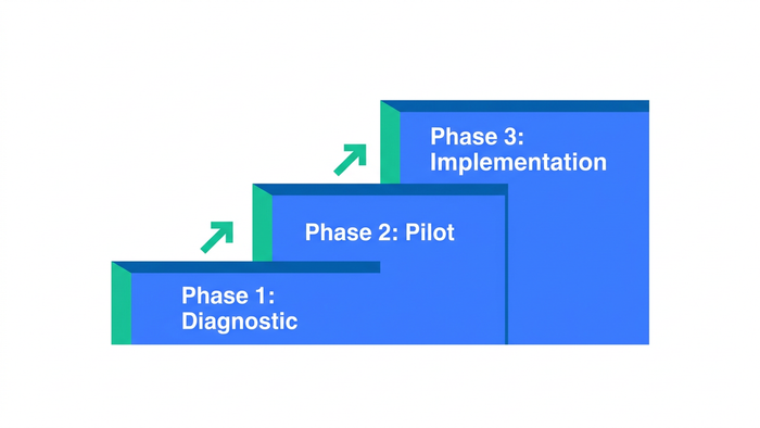 Flat editorial illustration of a three-phase staircase showing the PFAS retrofit strategy from diagnostic assessment through piloting to full implementation