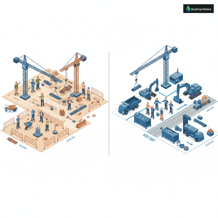Split-screen comparison illustration showing chaotic traditional construction site versus organized turnkey project delivery approach