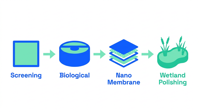 Horizontal process flow illustration showing the sequence of a hybrid treatment train from screening through biological, nano membrane, and wetland polishing stages