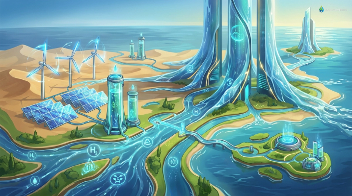 A futuristic illustration of water treatment systems powered by solar and wind energy, symbolizing sustainability in vibrant blue and green tones.