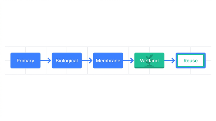 Horizontal process flow diagram showing a water treatment train from primary treatment through biological reactor, membrane unit, and constructed wetland to reuse outlets
