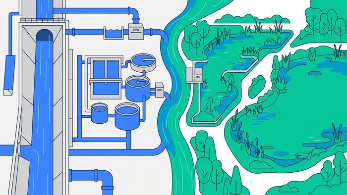 Split-scene illustration contrasting grey urban storm drain and treatment plant on the left with green wetlands and a restored lake on the right, connected by flowing water