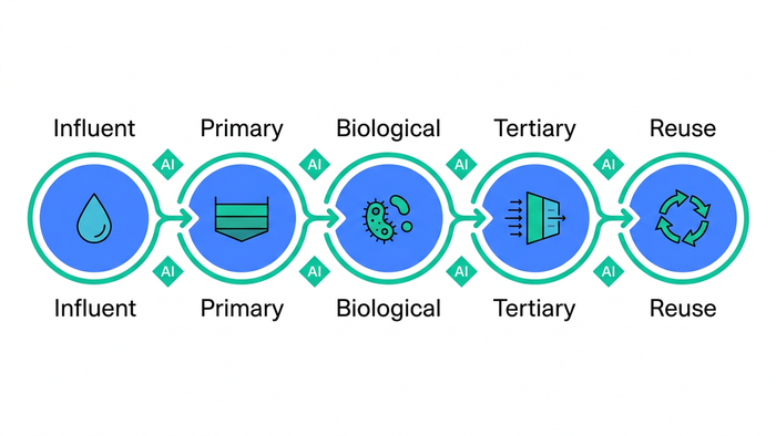 Flat process flow illustration of an AI-enhanced wastewater treatment train from influent to reuse
