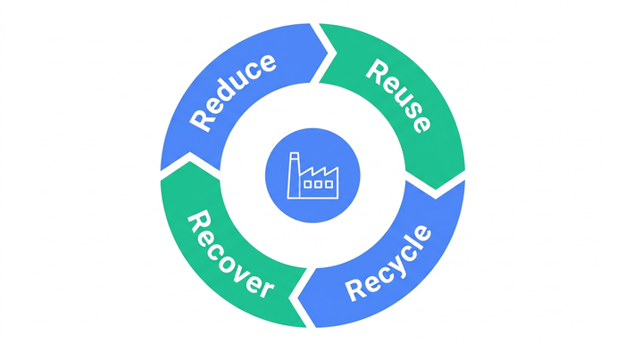 Circular 4R model diagram — Reduce, Reuse, Recycle, Recover — looping around a central industrial plant icon