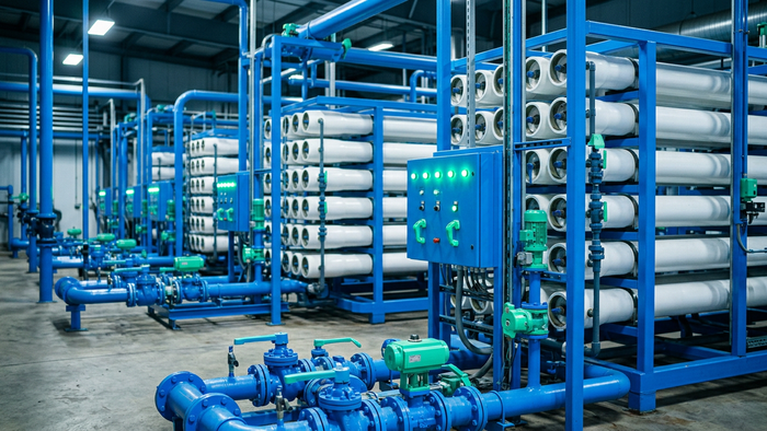 Interior of an industrial water treatment plant showing membrane racks and blue-accented piping