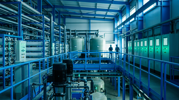 Editorial photograph of an advanced industrial water treatment facility interior with pipes, tanks, and control panels
