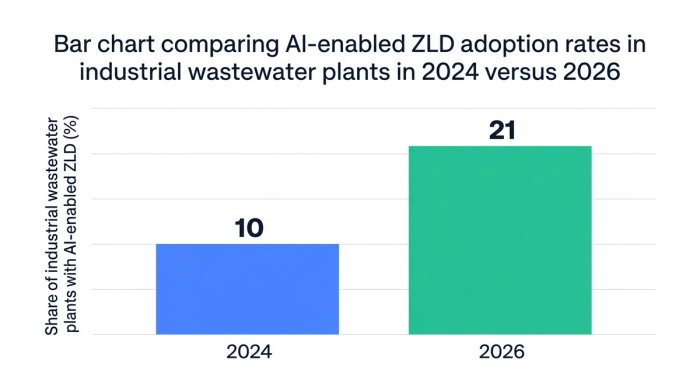 Bar chart showing bar chart comparing ai-enabled zld adoption rates in industrial wastewater plants in 2024 versus 2026 — data visualization for share of industrial wastewater plants with ai-enabled zld (%)