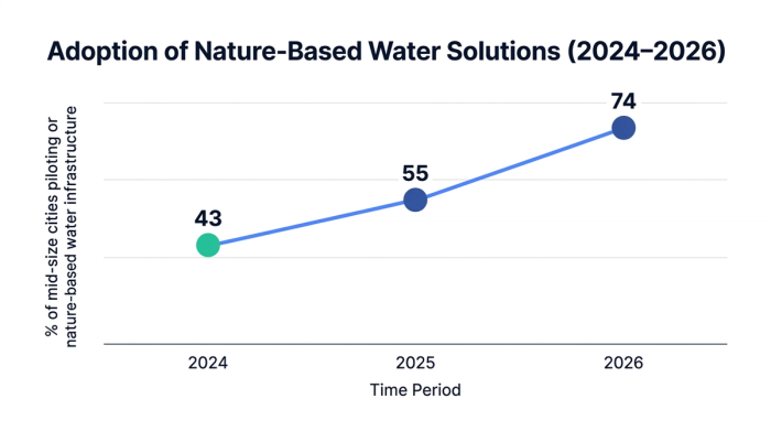 Line chart showing adoption of nature-based water solutions (2024–2026) — data visualization for % of mid-size cities piloting or planning nature-based water infrastructure