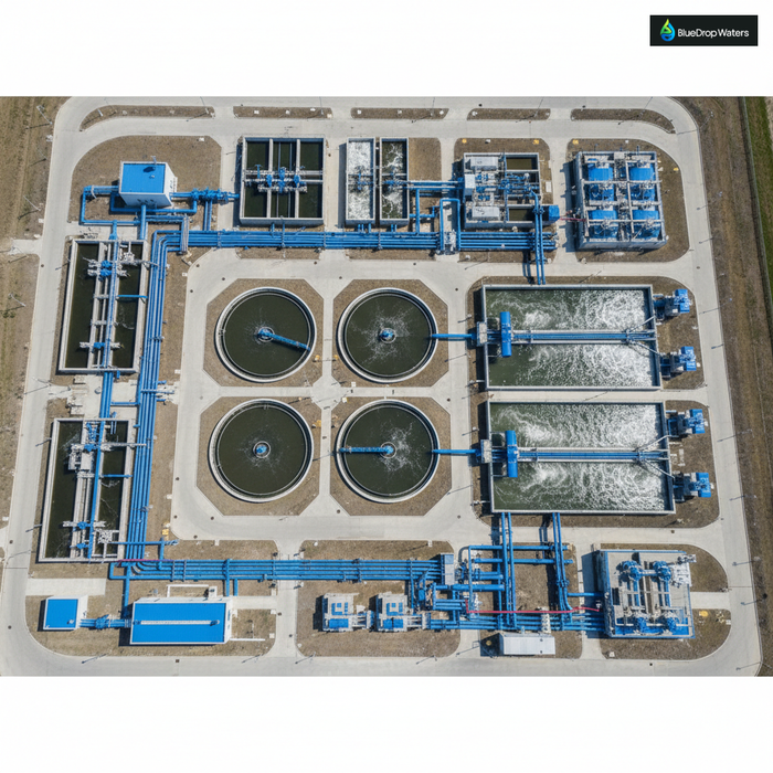 Aerial view of modern wastewater treatment facility showing interconnected treatment stages, clarifiers, aeration tanks, and piping networks