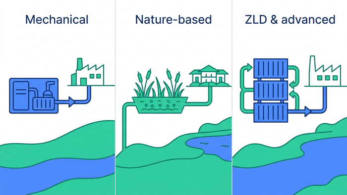 Flat editorial illustration showing three types of decentralized wastewater treatment systems — mechanical, nature-based, and ZLD — connected to industrial, municipal, and resort sites
