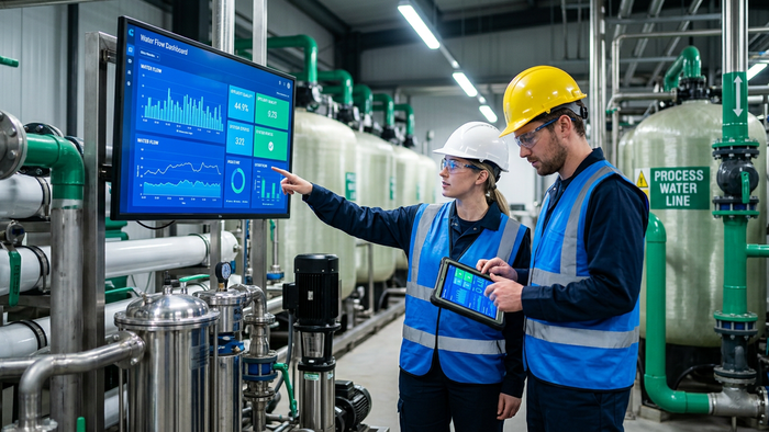 Engineers in PPE reviewing water treatment system dashboards inside an industrial plant