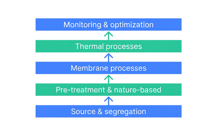 Vertical stacked-layer diagram showing the five-tier energy-aware ZLD design stack from source segregation up to monitoring and optimization