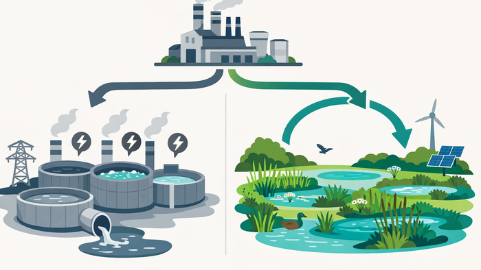 Flat illustration comparing a conventional industrial wastewater treatment system in grey tones against an aerated constructed wetland system in teal and green, with a circular reuse arrow — communicating energy savings and sustainability advantages